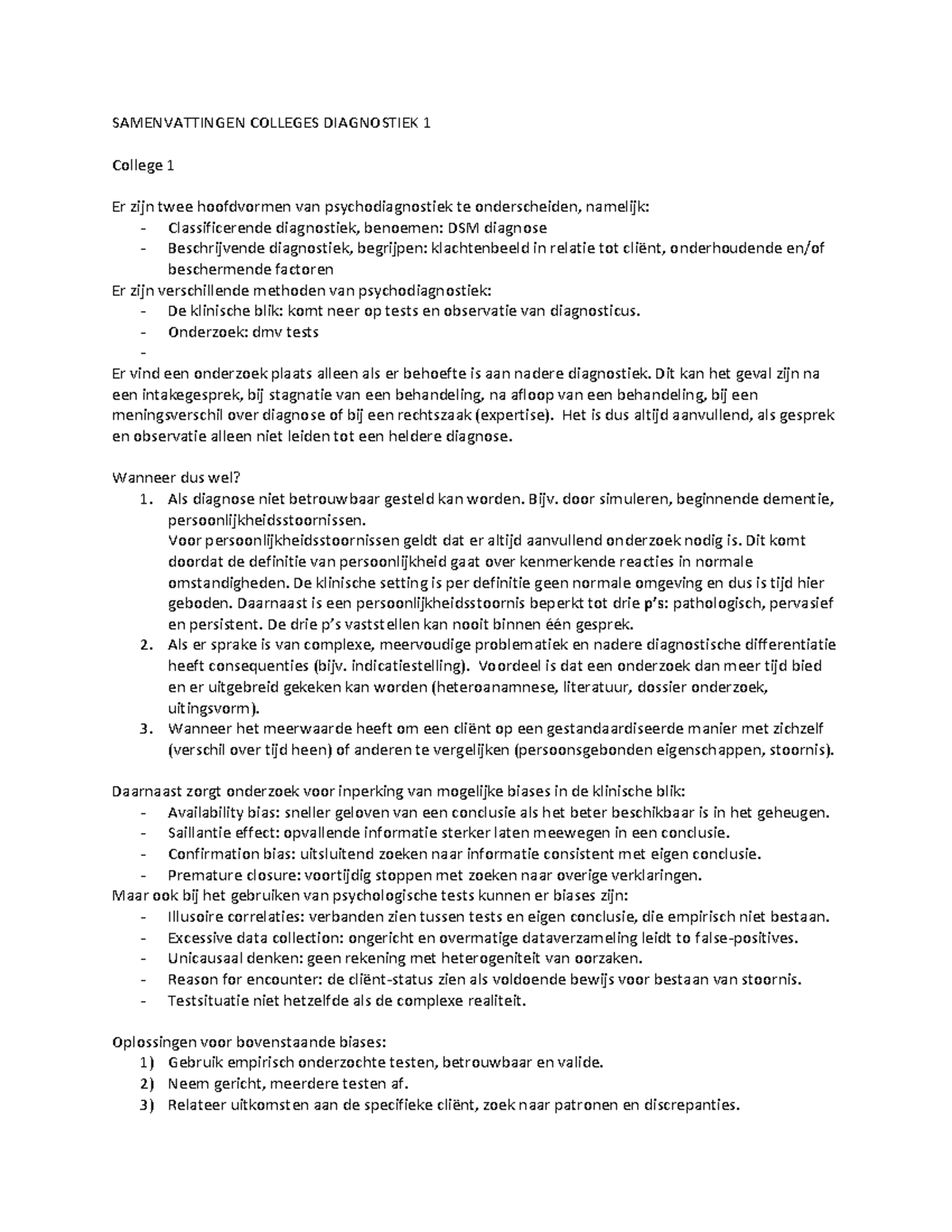 Samenvatting Neuropsychologische Diagnostiek Colleges