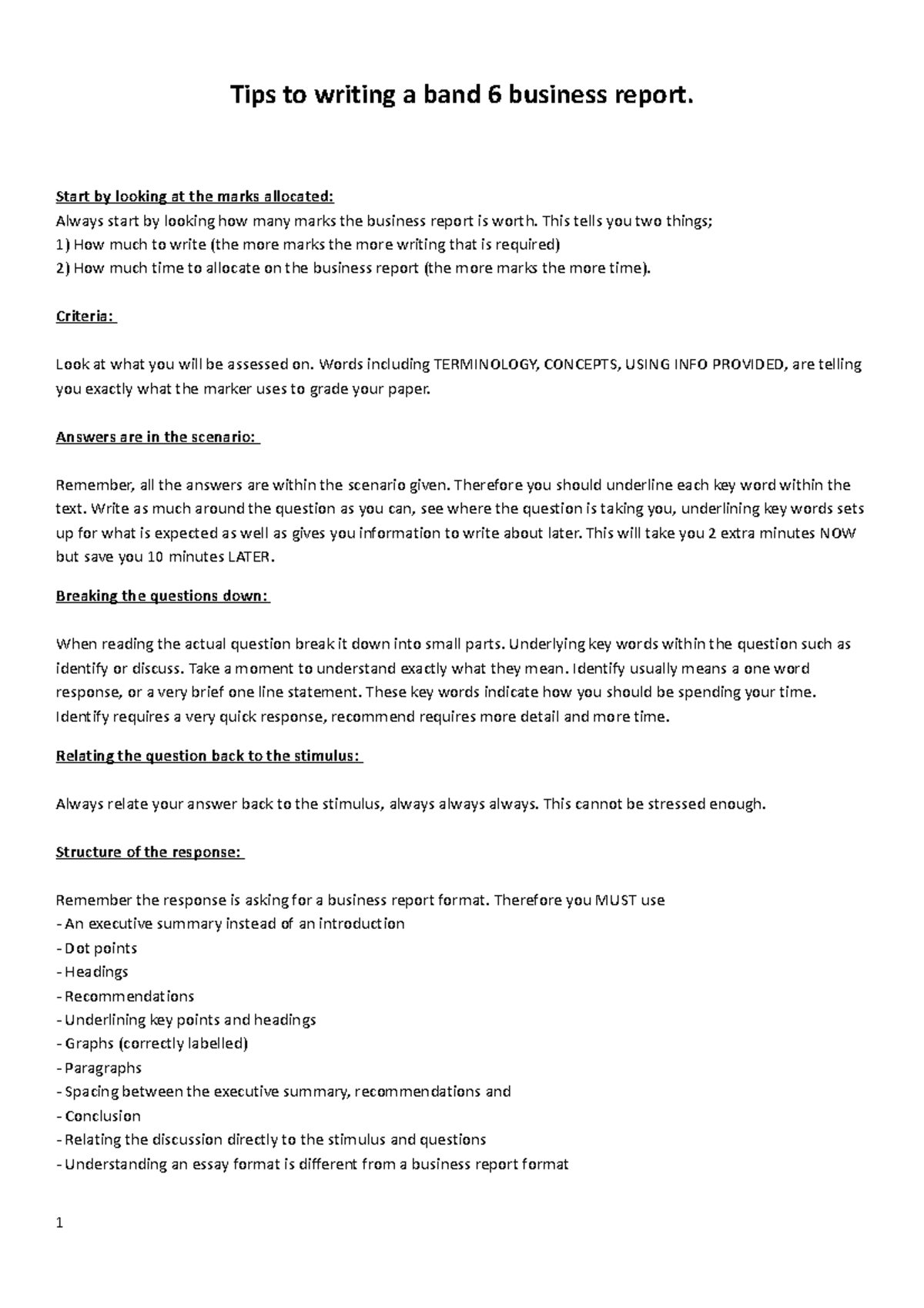 Sample Response Business report Tips to writing a band 6 business