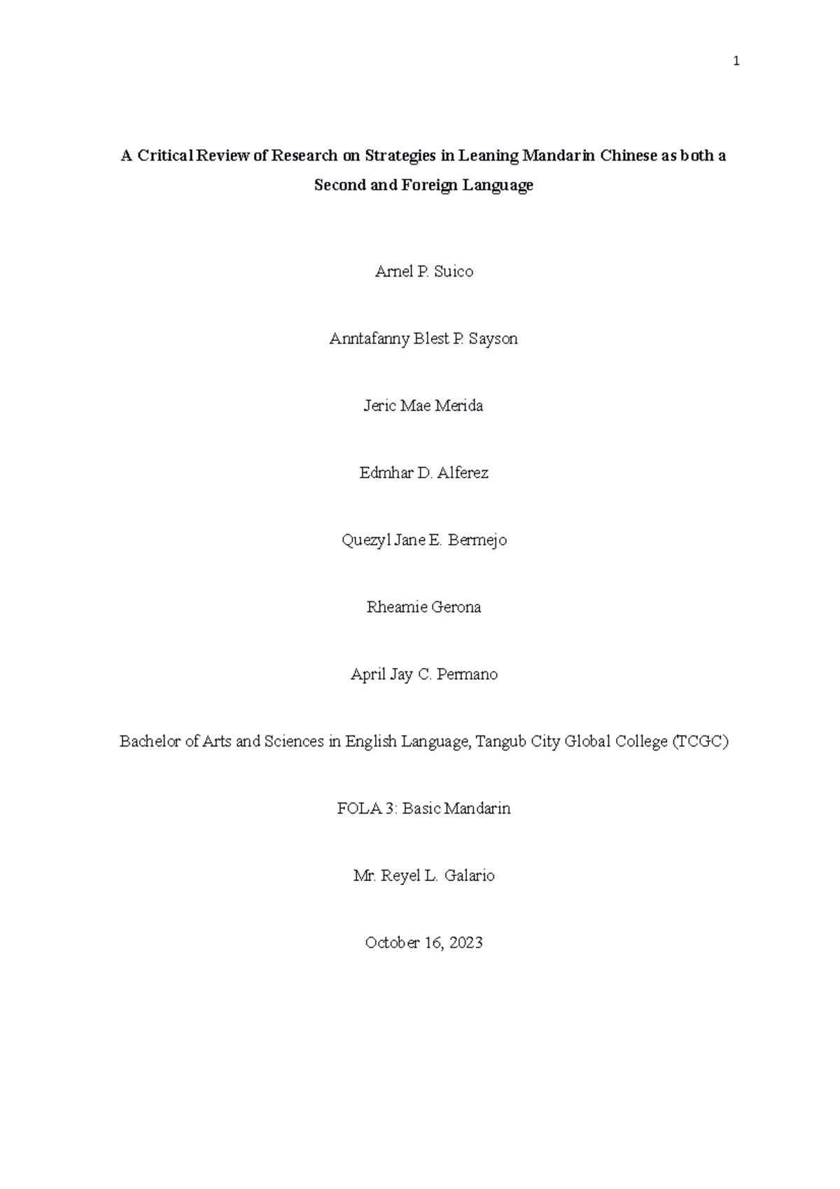 Mandarin Research Final Output 1 1 A Critical Review of Research on