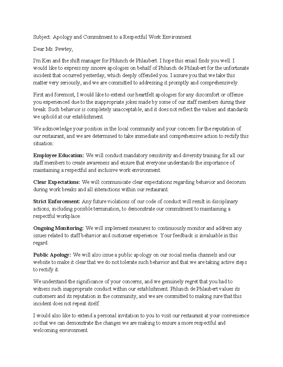 Email Assignment (Sample) - Subject: Apology and Commitment to a ...
