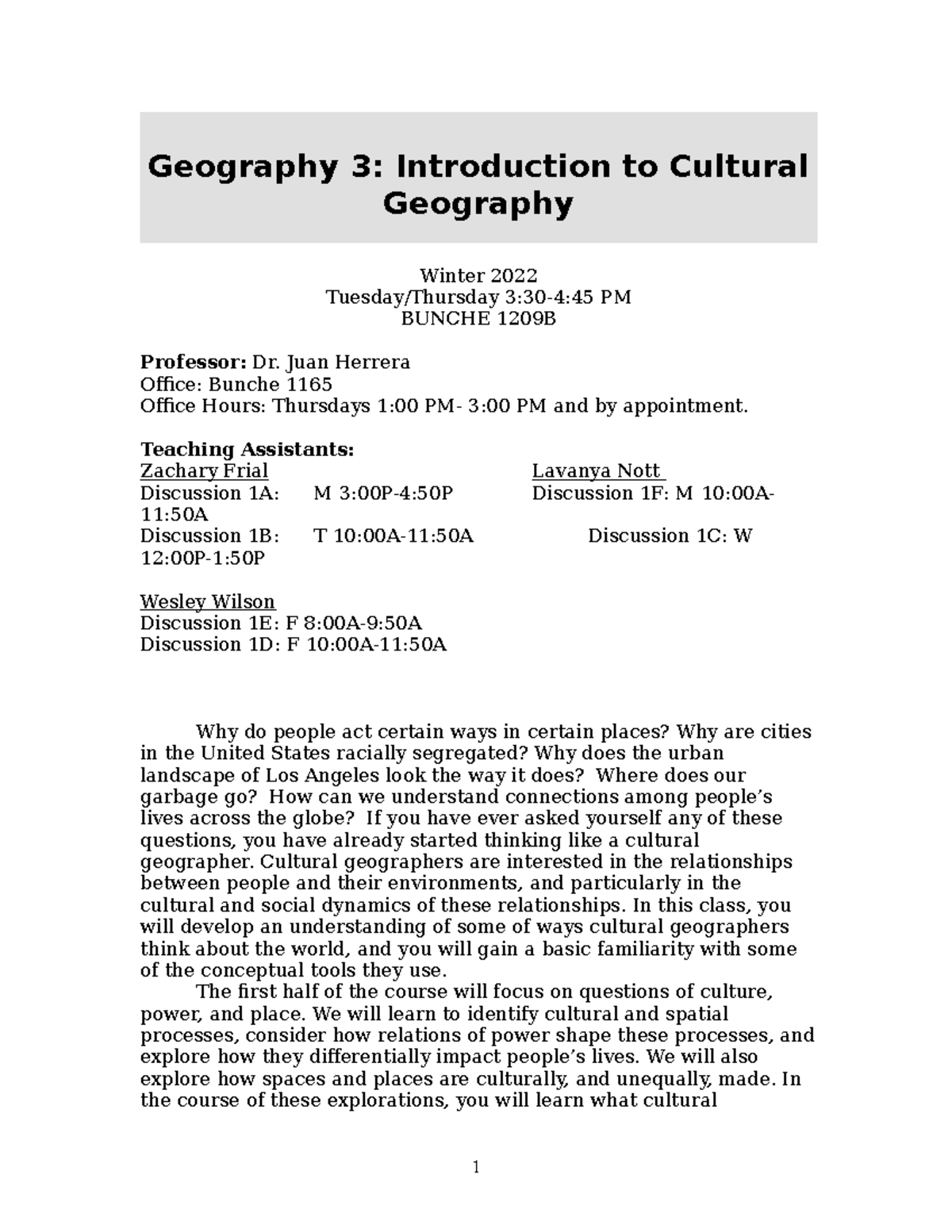 GEOG 3 Cultural Geography Syllabus Geography 3 Introduction to Cultural Geography Winter