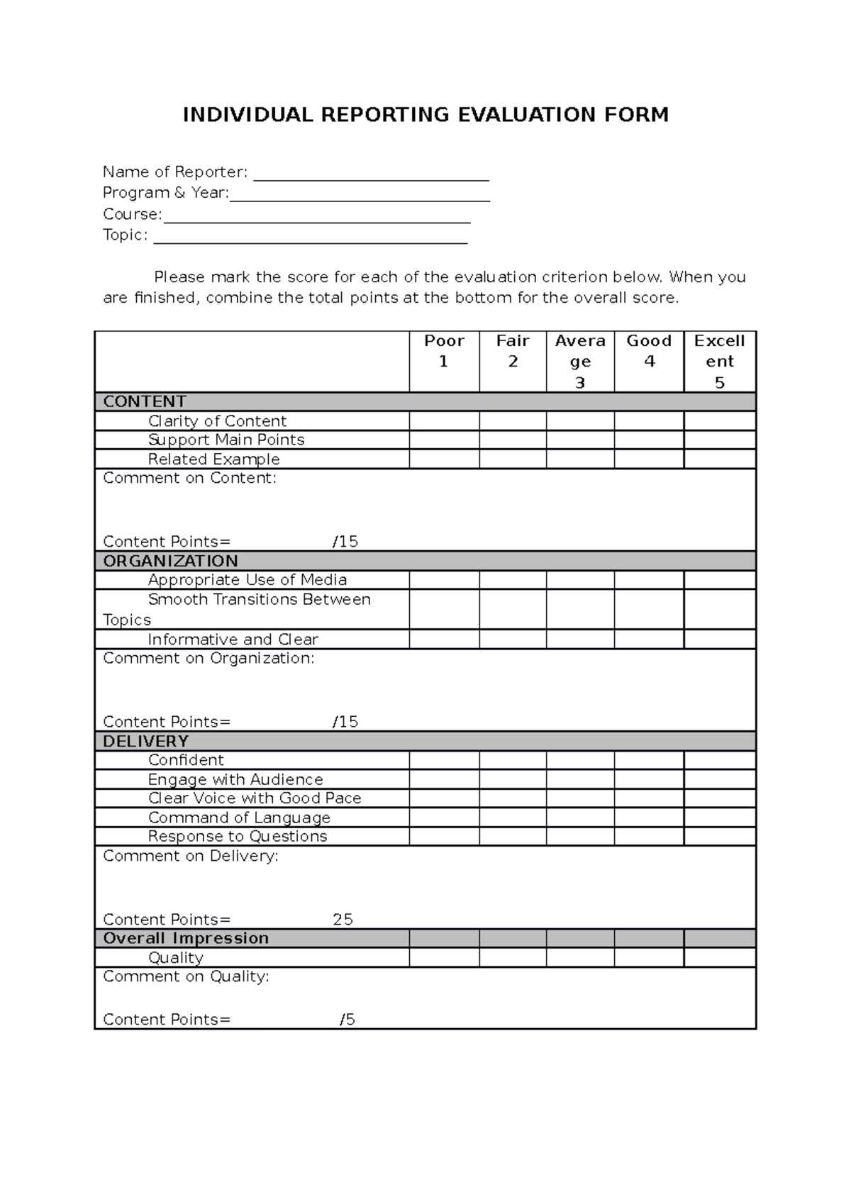 Reporting Evaluation Form Evio - INDIVIDUAL REPORTING EVALUATION FORM ...