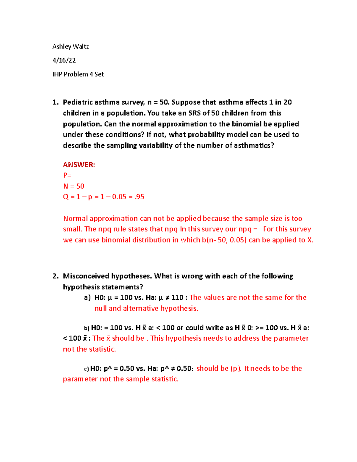 Biostatistics Module Four Problem Set - Ashley Waltz 4/16/ IHP Problem ...