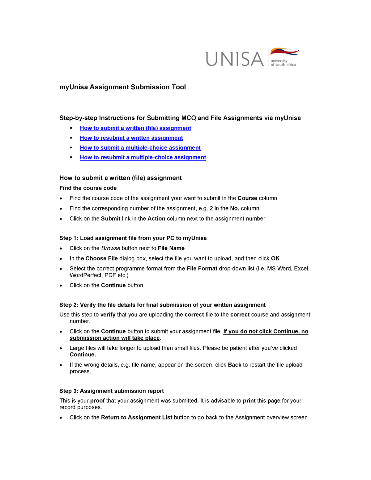 how to submit an assignment on myunisa