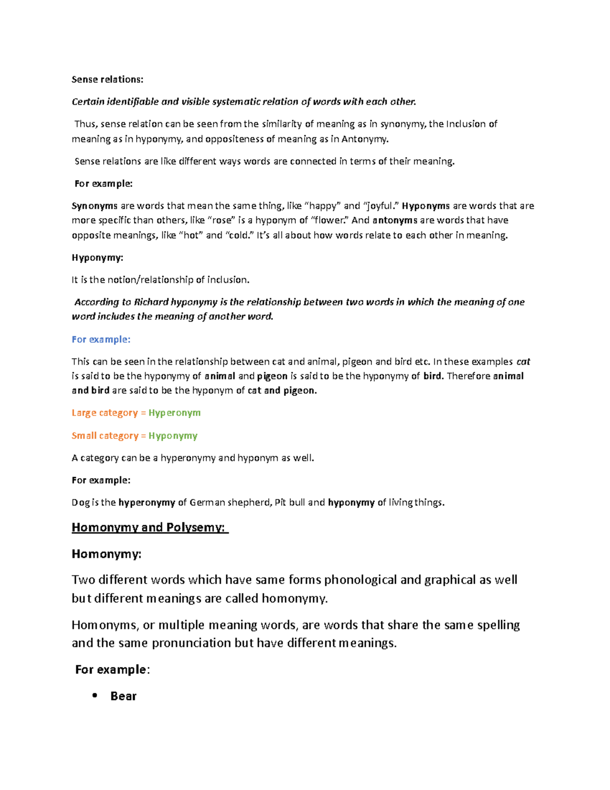 Homonymy, Polysemy and Meronymy Sense relations Certain identifiable