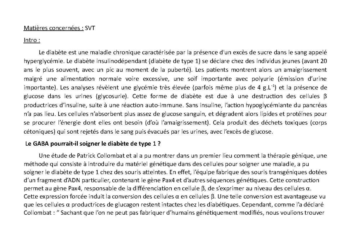 GO2JEH Grand Oral sujet svt diabete de type 1 Matières concernées SVT Intro Le diabète