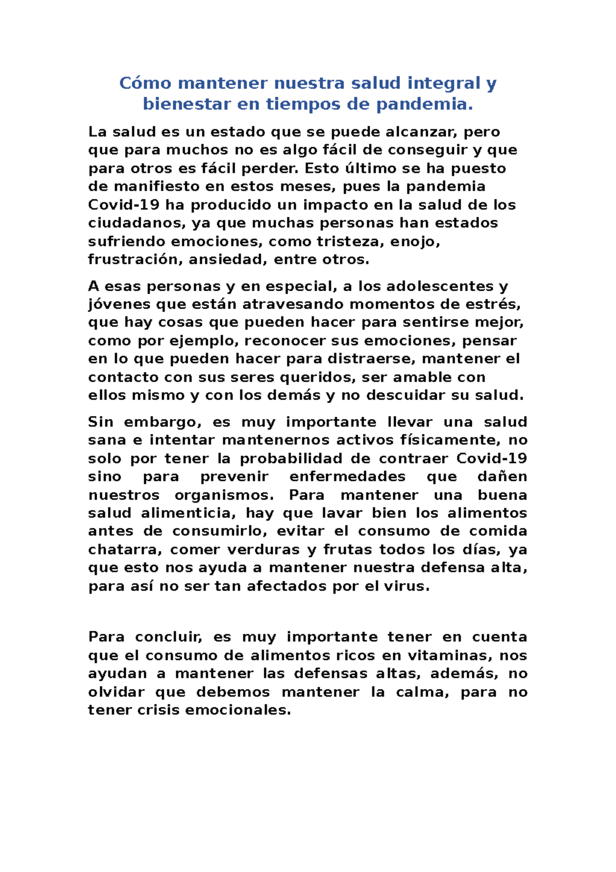 Cómo mantener nuestra salud integral y bienestar en tiempos de pandemia ...
