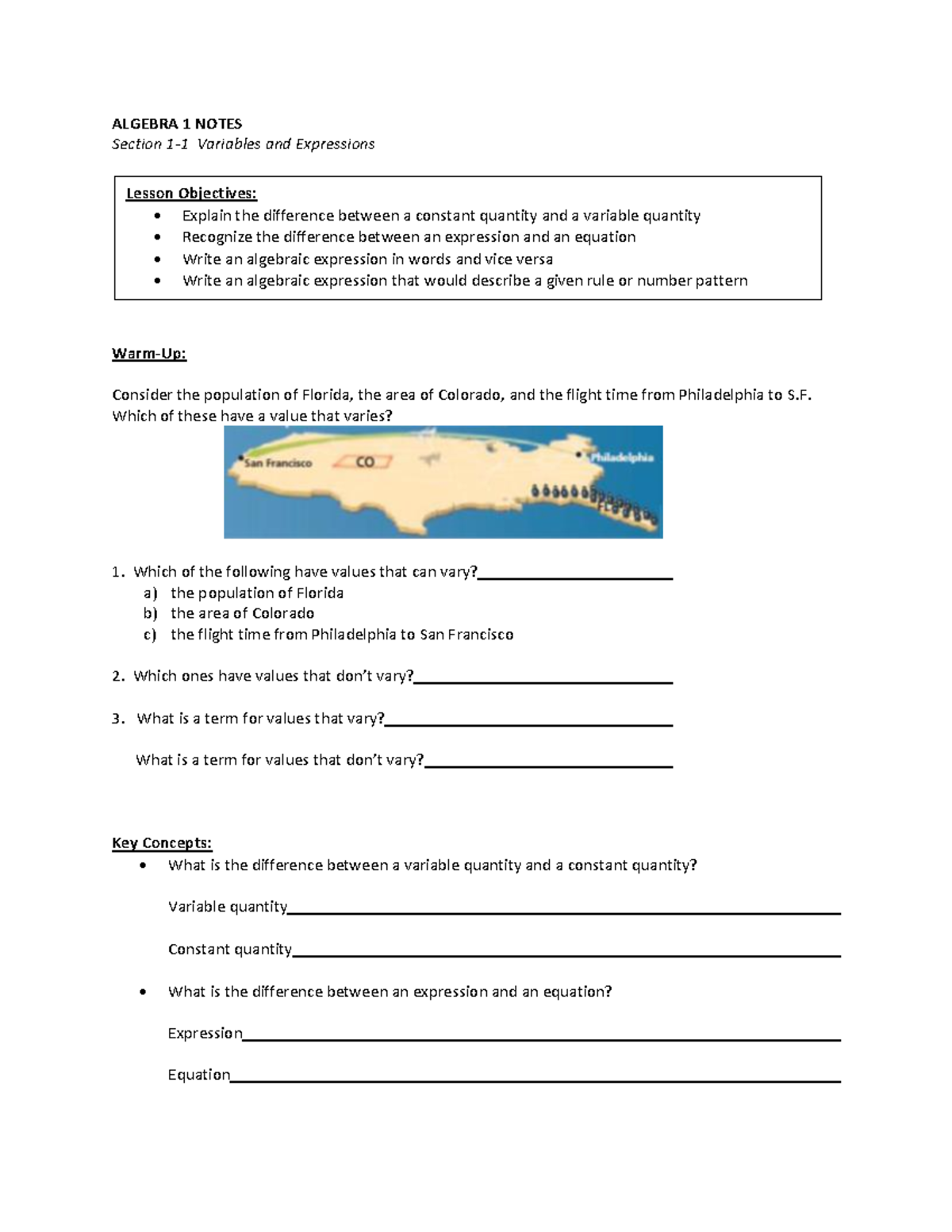 Ch 1 notes packet not 1-9 - ####### ALGEBRA 1 NOTES ####### Section 1 ...