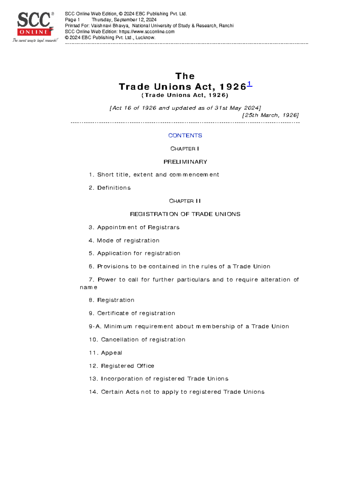 Trade Union Act - The Trade Unions Act, 1926 1 (Trade Unions Act, 1926 ...