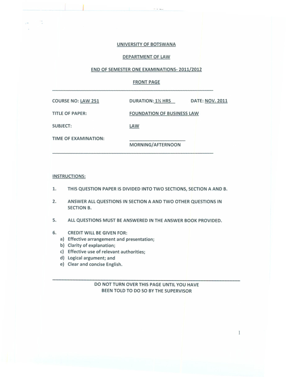 2011 LAW251 - exam paper with question - business law - Studocu