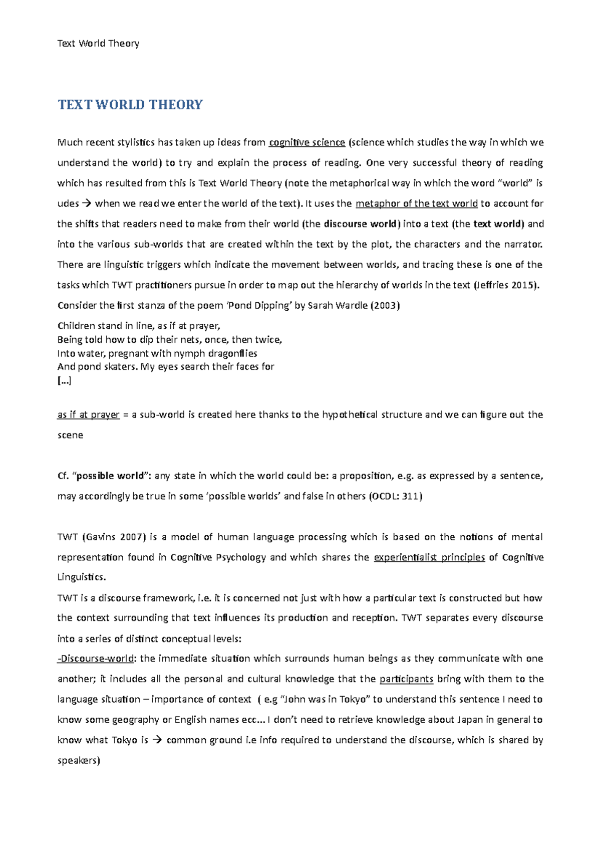 Text world theory - TEXT WORLD THEORY Much recent stylistics has taken ...