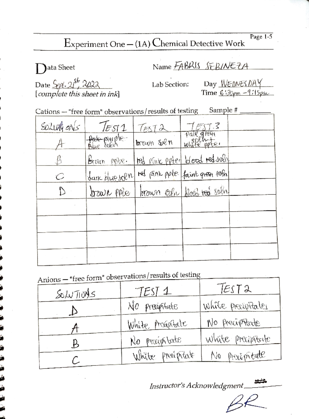 Chemical Detective Work Lab - Page 1- Experiment One-(1A) Chemical ...