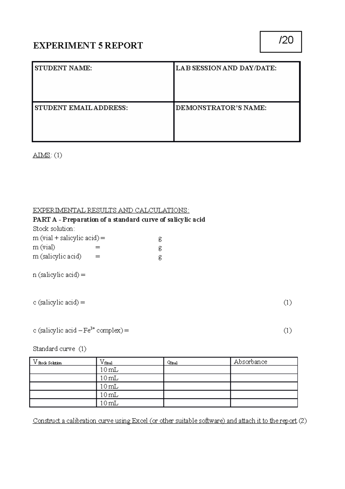 Practical 5 Template Spectrophotometric determination of aspirin in a