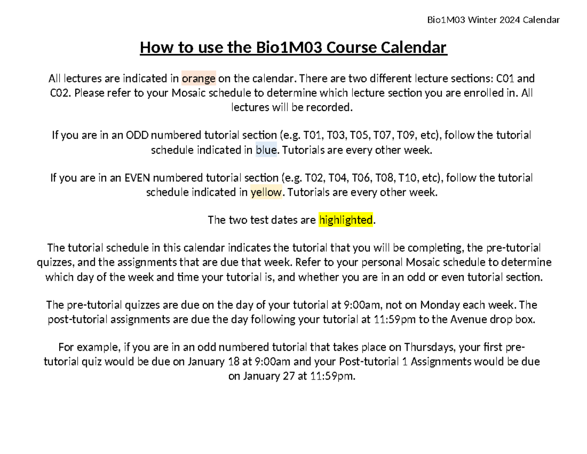 Bio 1M03 Calendar W2024 Draft - How To Use The Bio1M03 Course Calendar ...