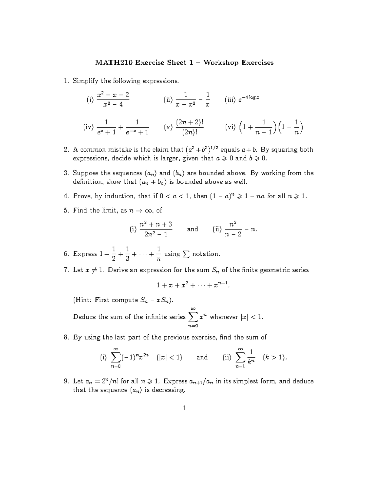 Math210 Exercise Sheet 1 Dk Math210 Exercise Sheet 1 Workshop