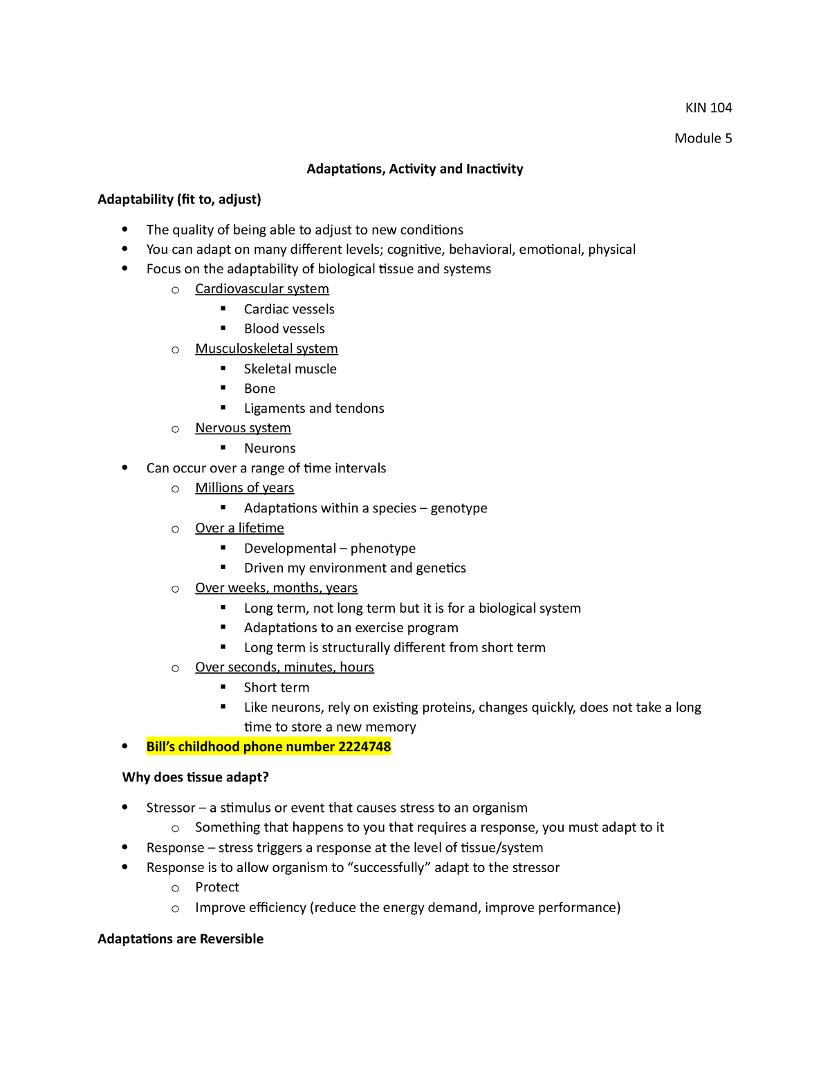 KIN 104; Module 5 - KIN 104 Module 5 Adaptations, Activity and