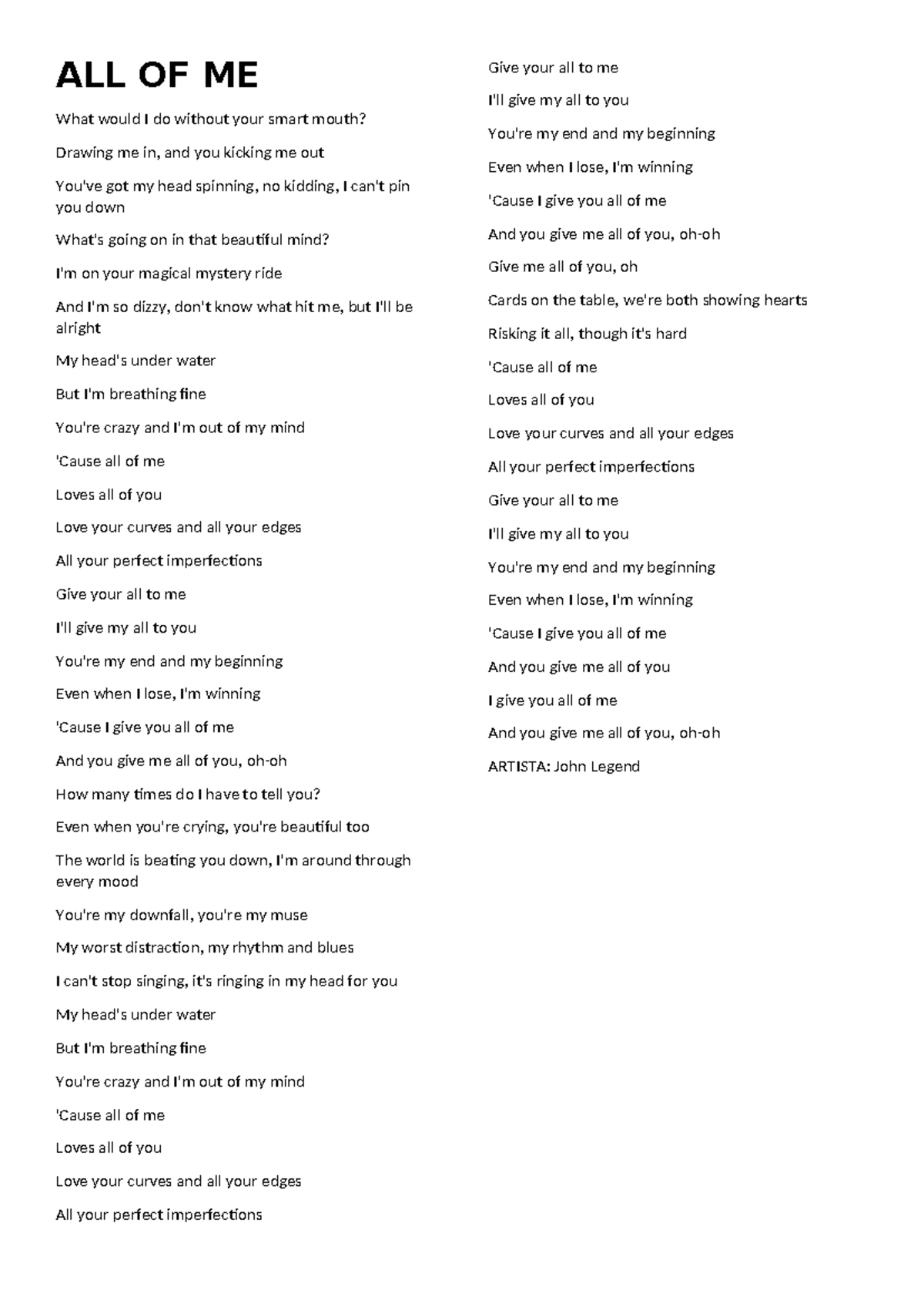 All of me letra ingles para ensayos all of me what would i do