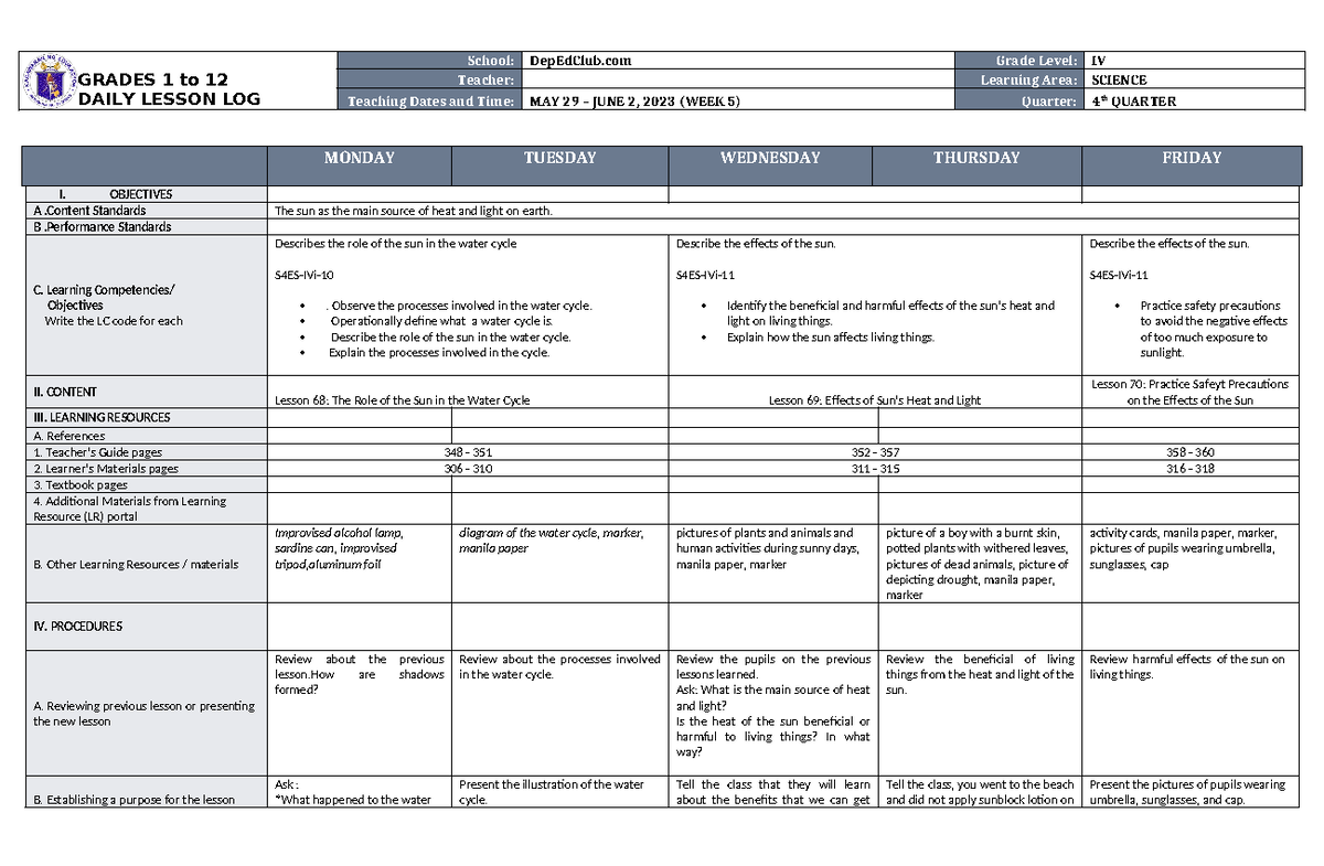 DLL Science 4 Q4 W5 - Recognize adverbs of manner - GRADES 1 to 12 ...