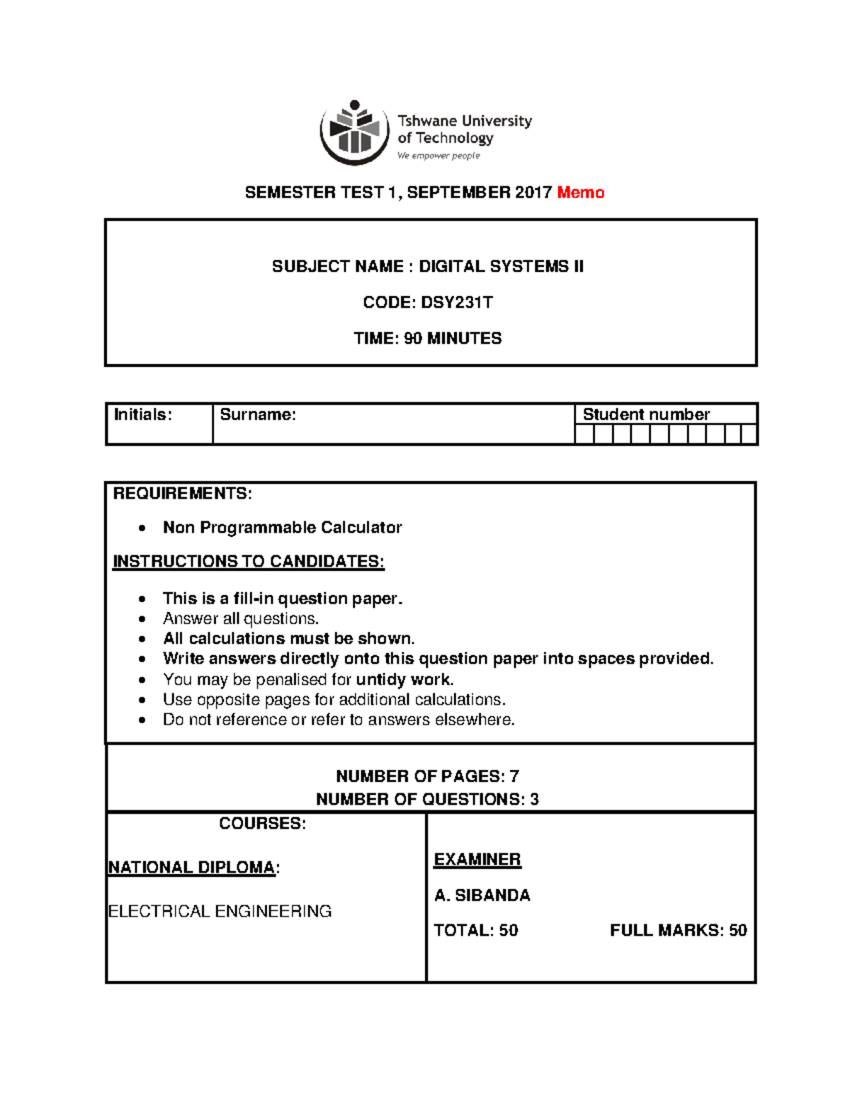 2017 Sem 2 Test 1 Memo Memo SEMESTER TEST 1, SEPTEMBER 2017 Memo