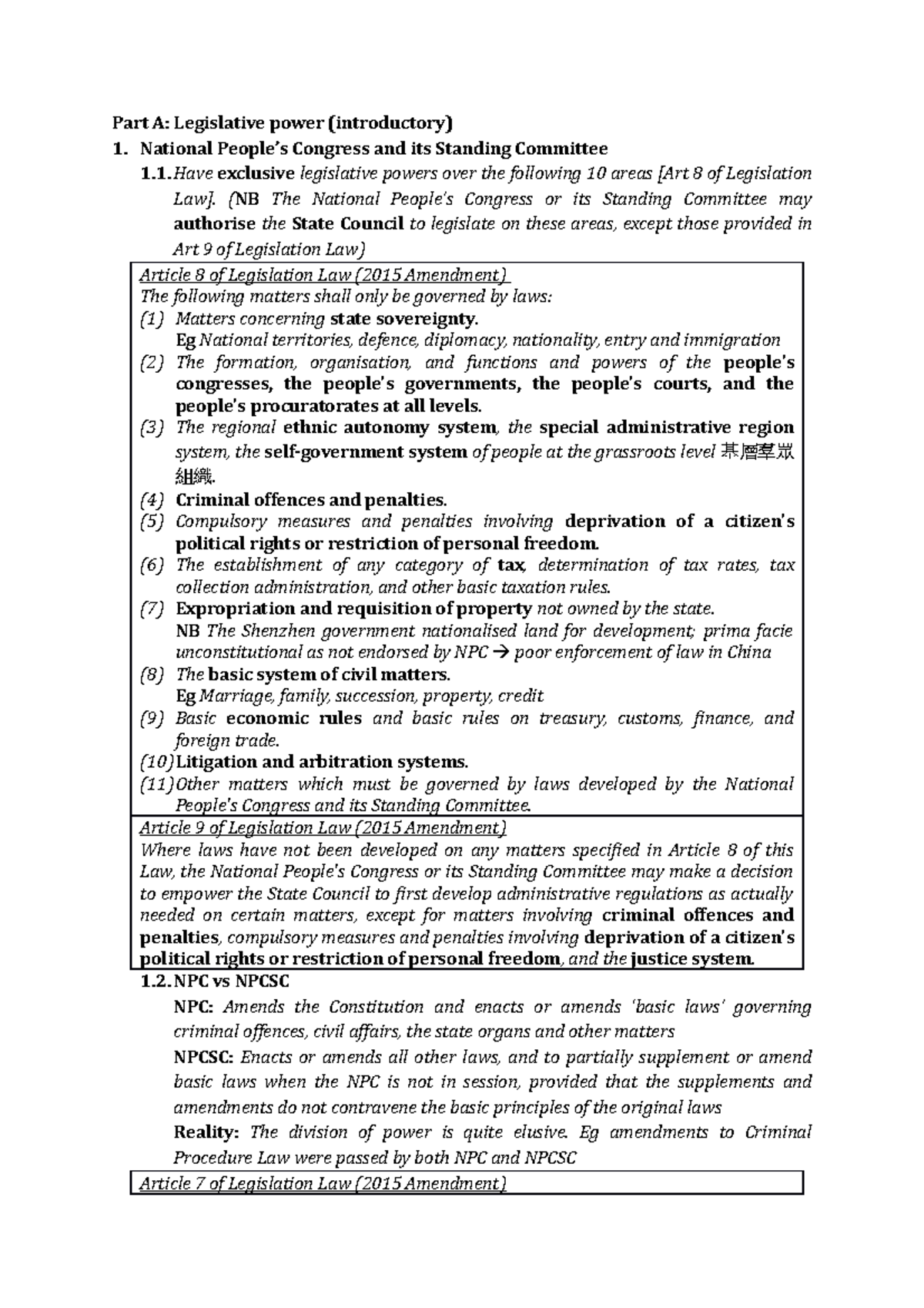 Legislative System - Lecture notes 1-3 - Part A: Legislative power ...