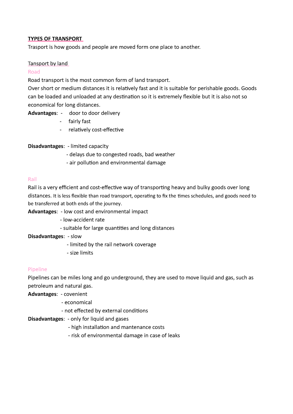 Types Of Transport Cost