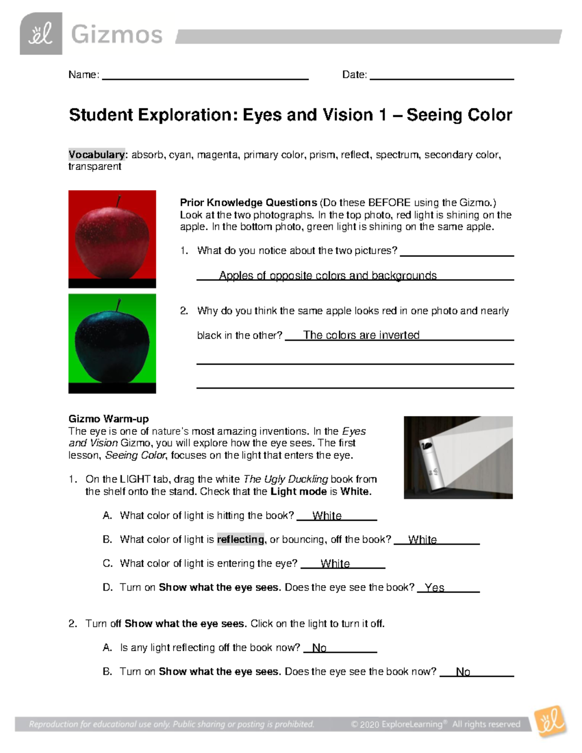 CSLab 3.3seeing color gizmo - Name: Date: Student Exploration: Eyes and ...