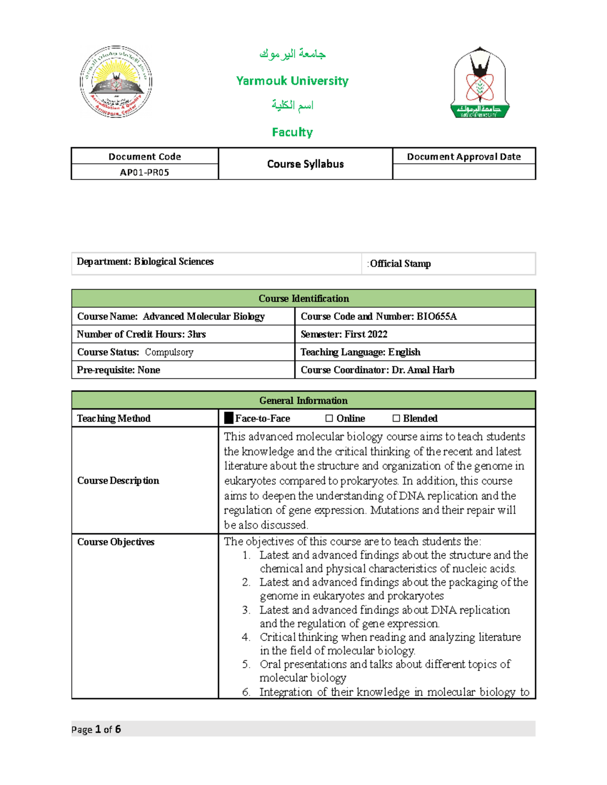 Advanced molecular biology course syllabus F22 - Yarmouk University اسم ...