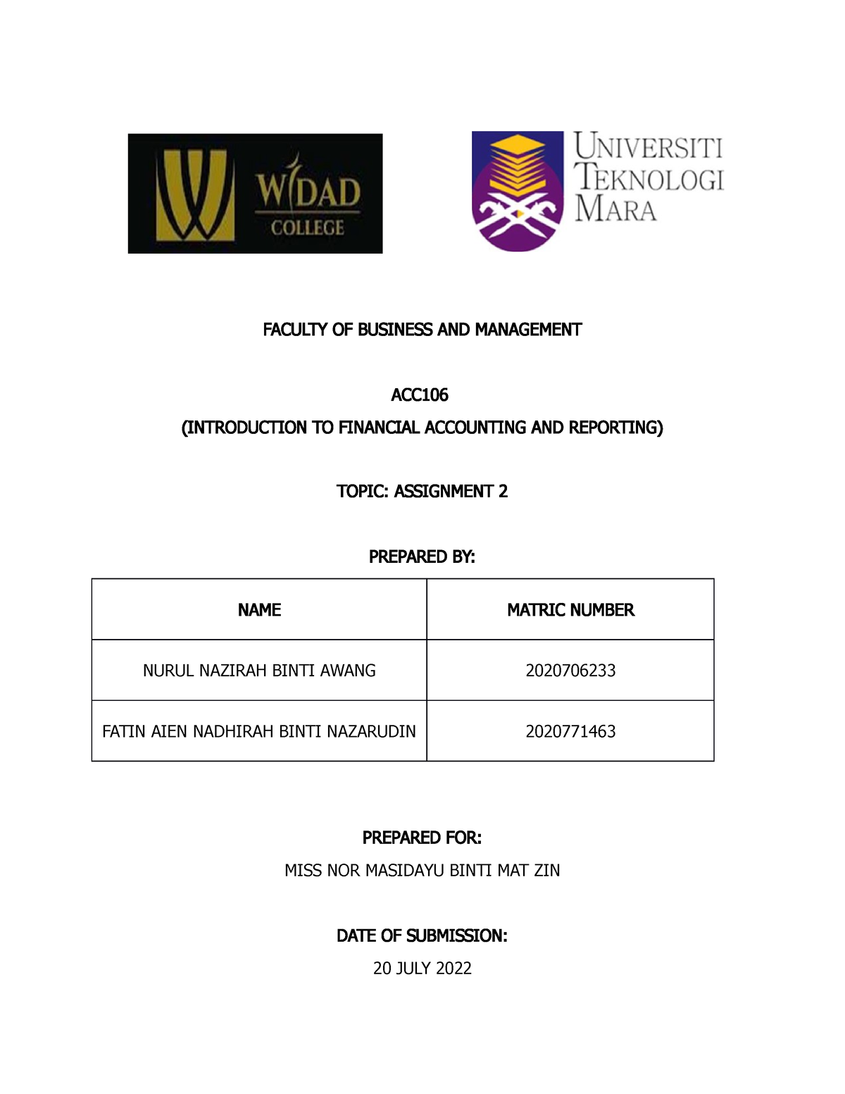 Assignment 2 - Uitm - Introduction In Financial Accounting - UiTM - Studocu