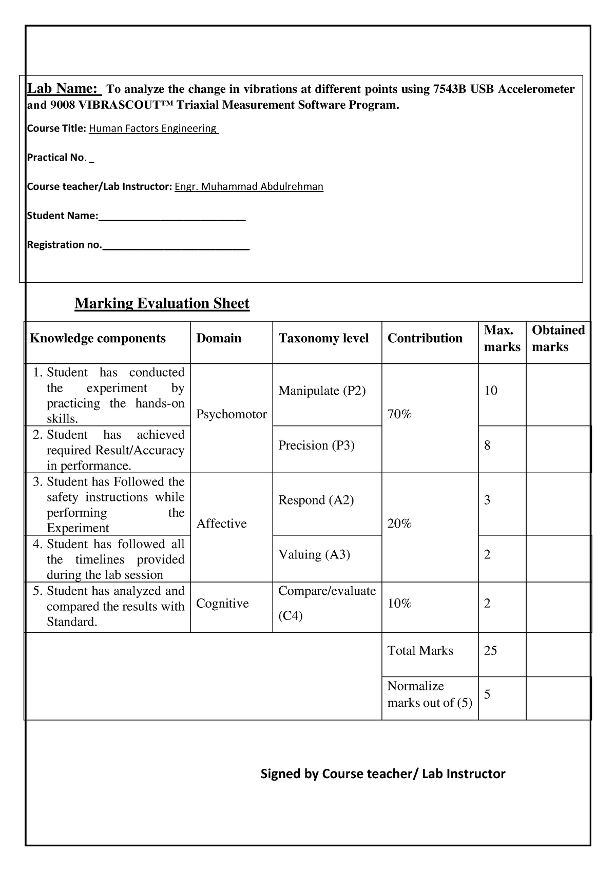 Vibra Scout - Marking Evaluation Sheet Knowledge components Domain ...