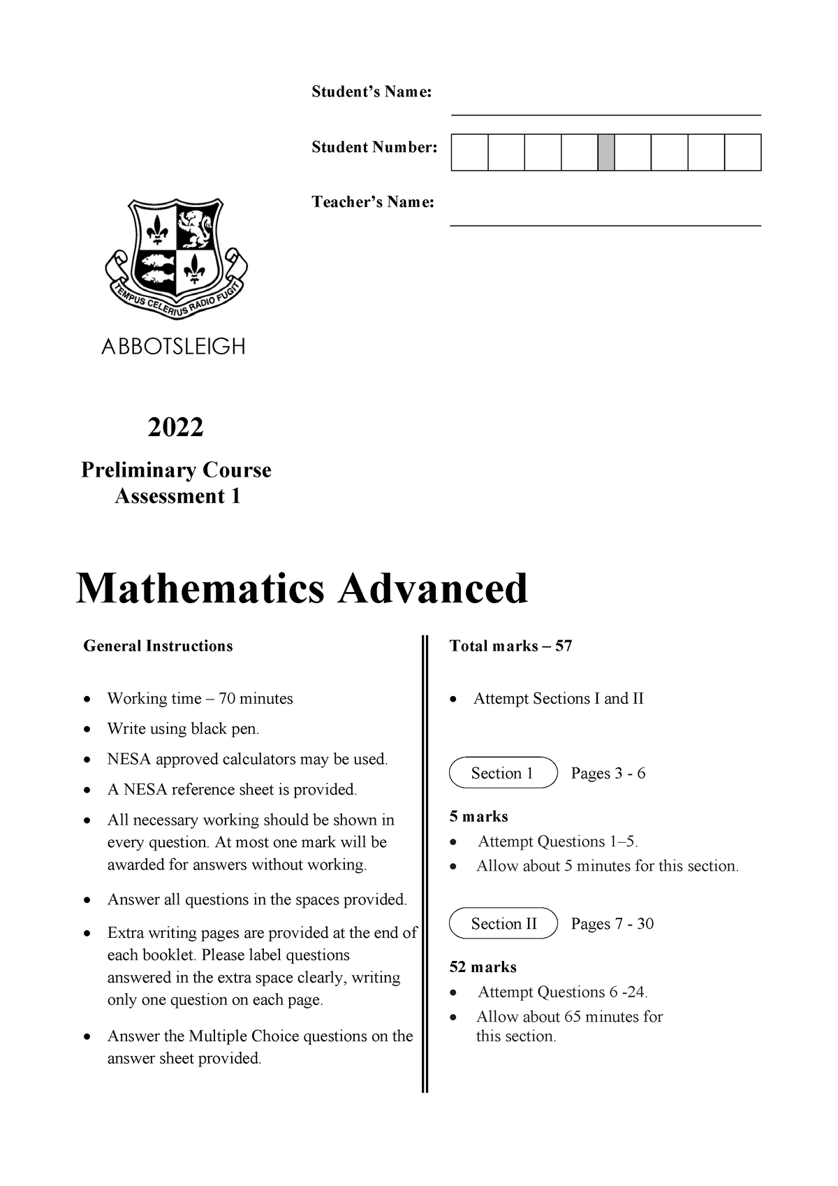 2022 Task 1 - Past Paper Of Year 11 Abbostleigh Math Advance Paper On ...