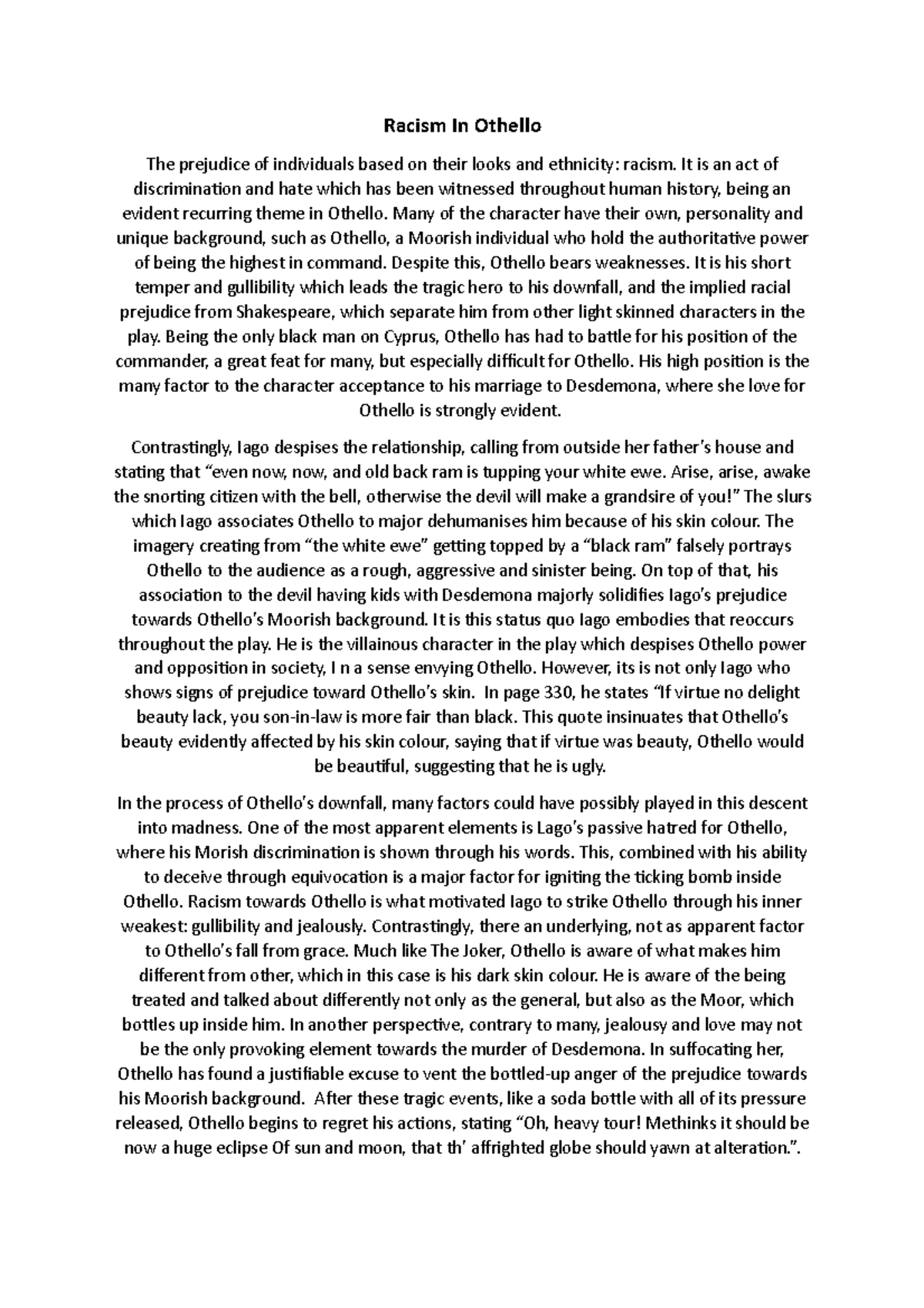 Racism In Othello - Lecture notes 1 - Racism In Othello The prejudice ...