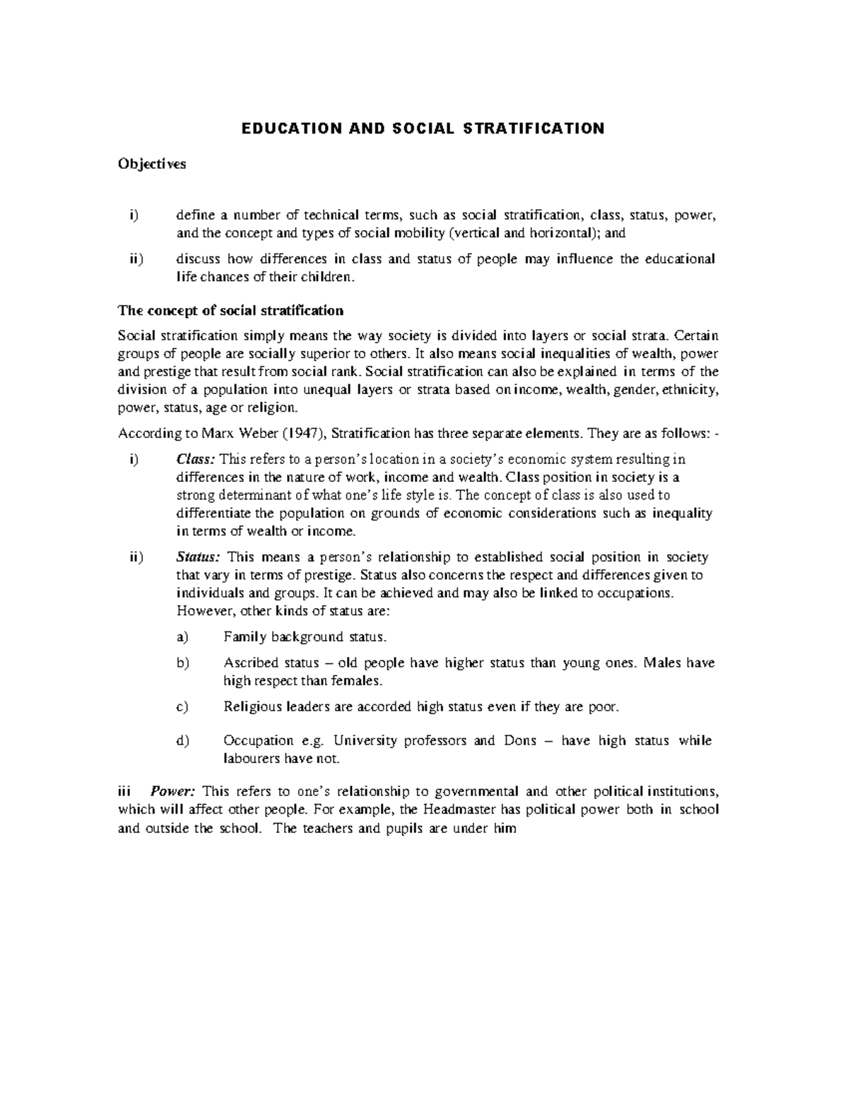 Education AND Stratification - EDUCATION AND SOCIAL STRATIFICATION ...