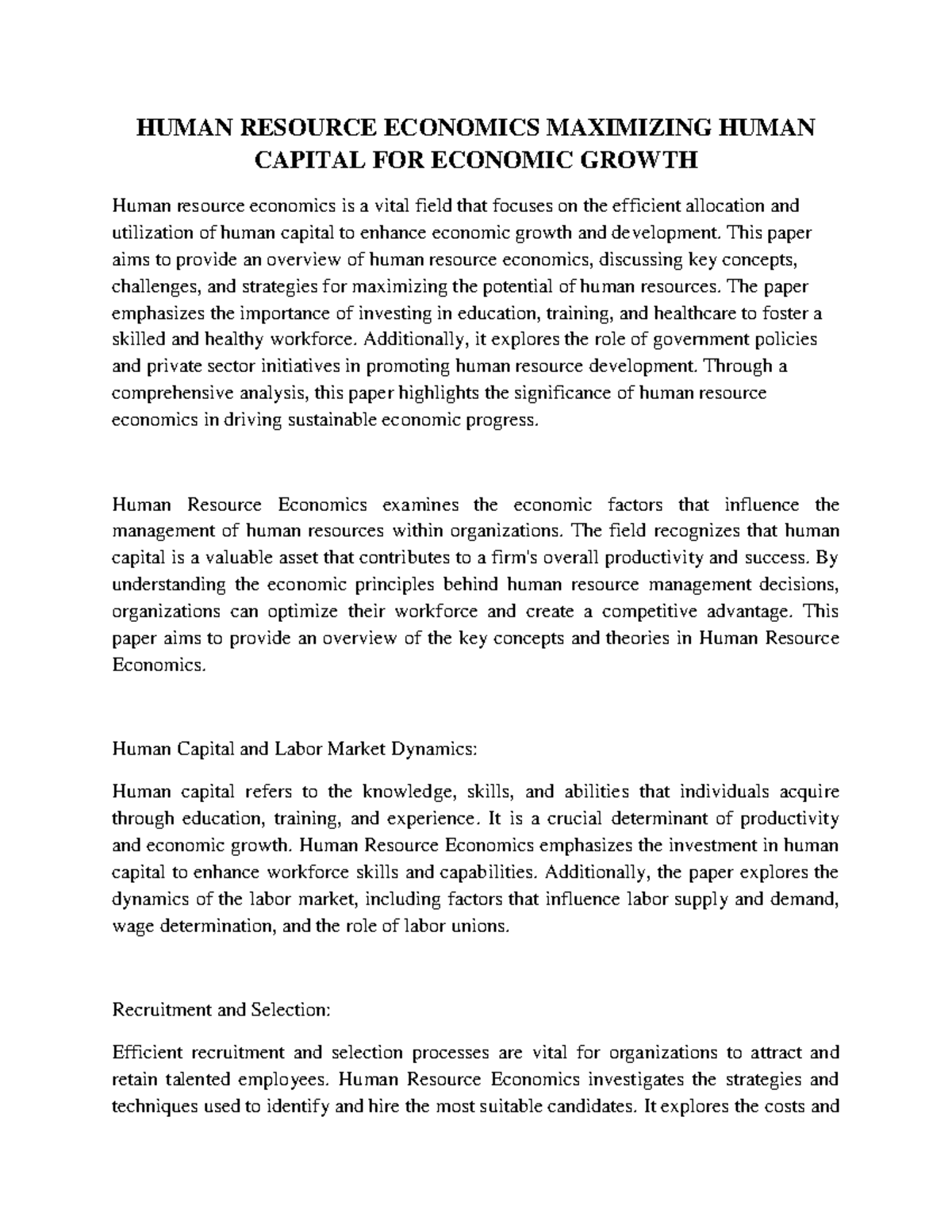 Human Resource Economics Maximizing Human Capital FOR Economic Growth ...