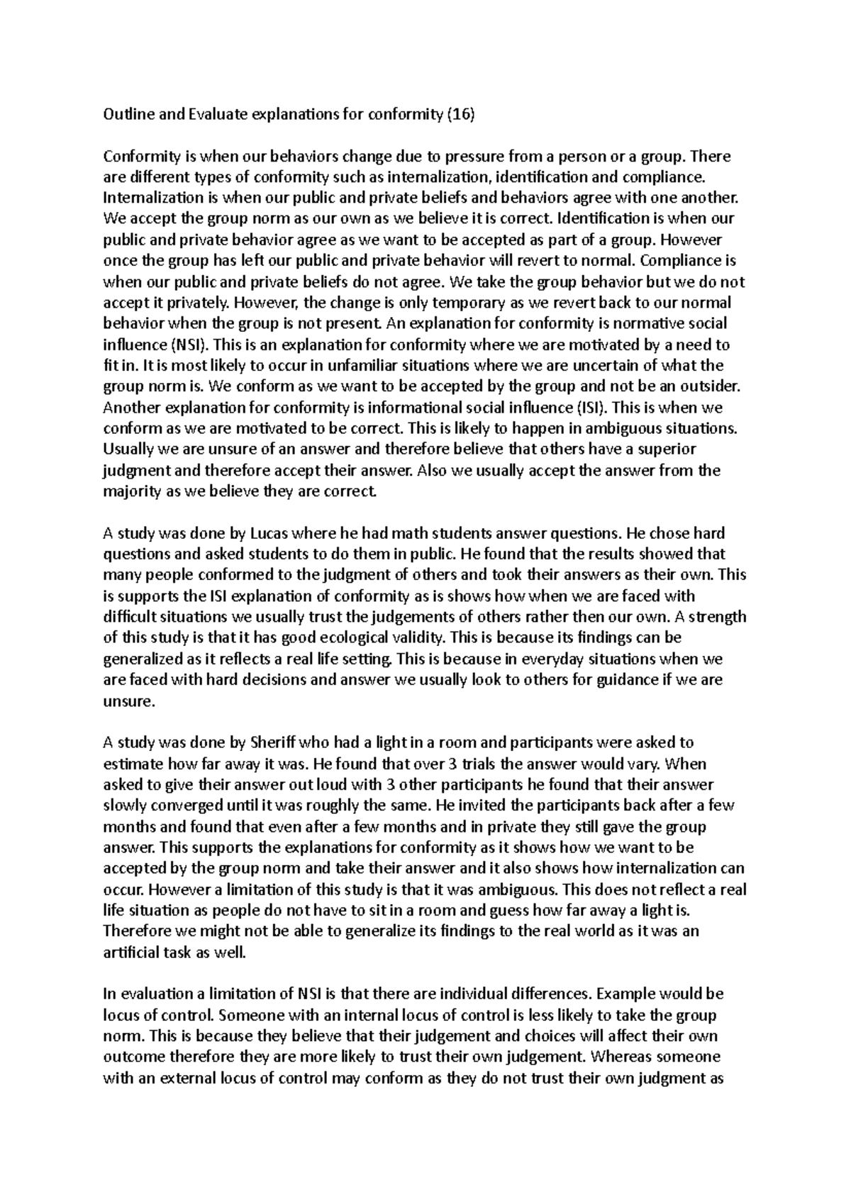 Outline and Evaluate the explanations for conformity - Outline and ...