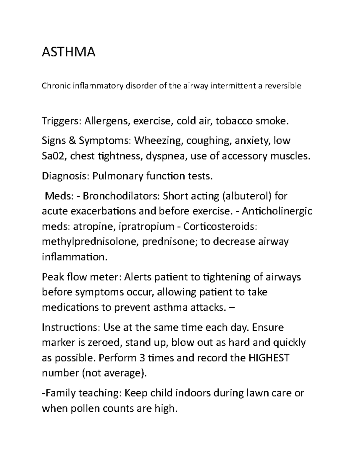 Asthma peds - ASTHMA Chronic inflammatory disorder of the airway ...