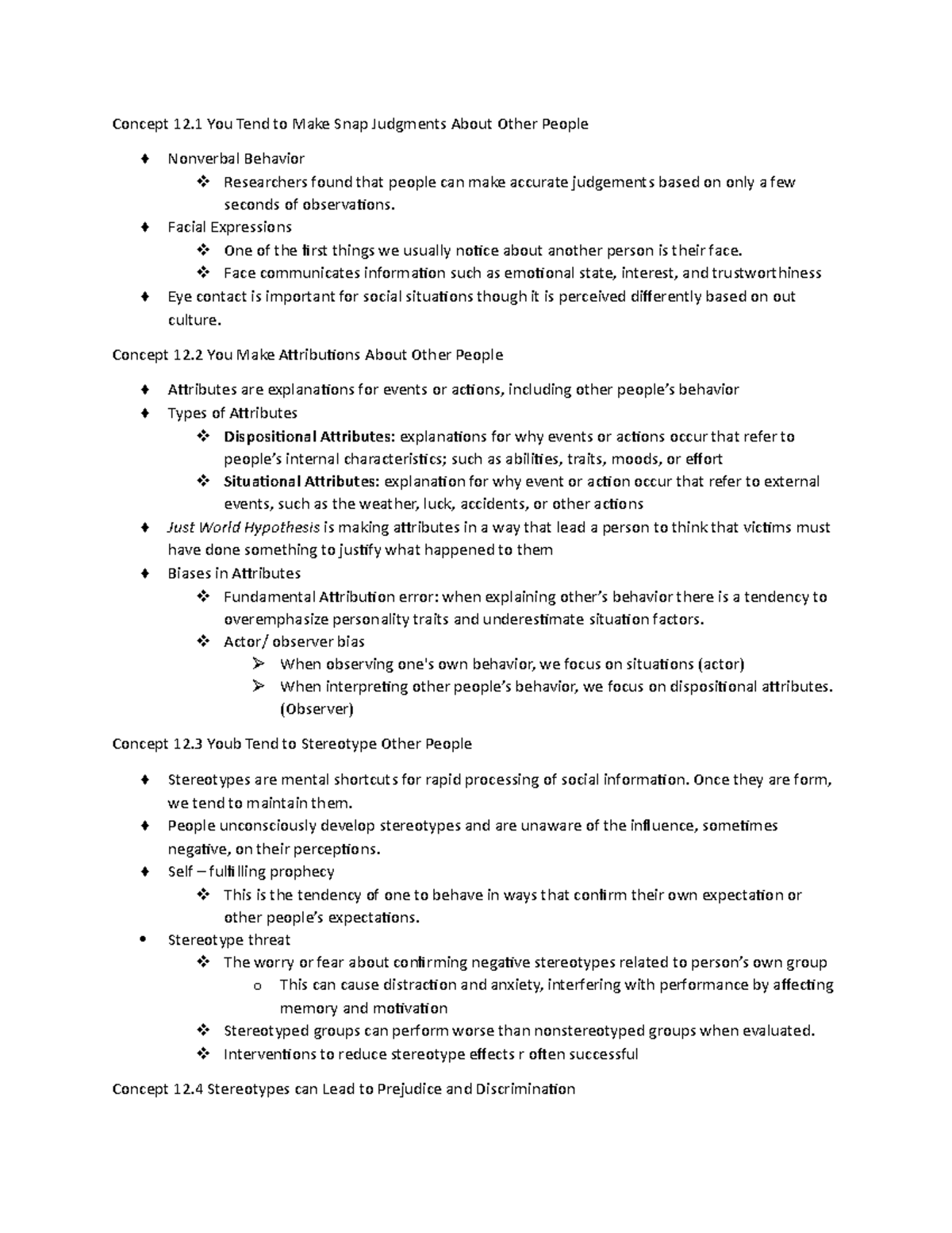 Chapter 12 homework notes Concept 12 You Tend to Make Snap Judgments About Other People ♦