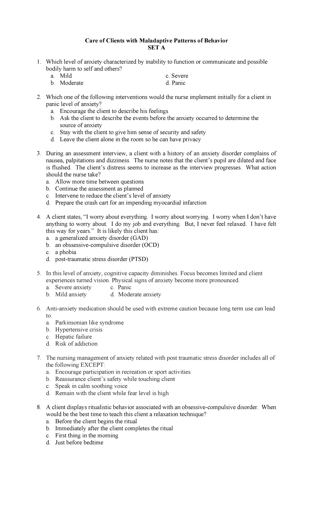 Care of Clients with Maladaptive Patterns of Behavior copy - Care of ...