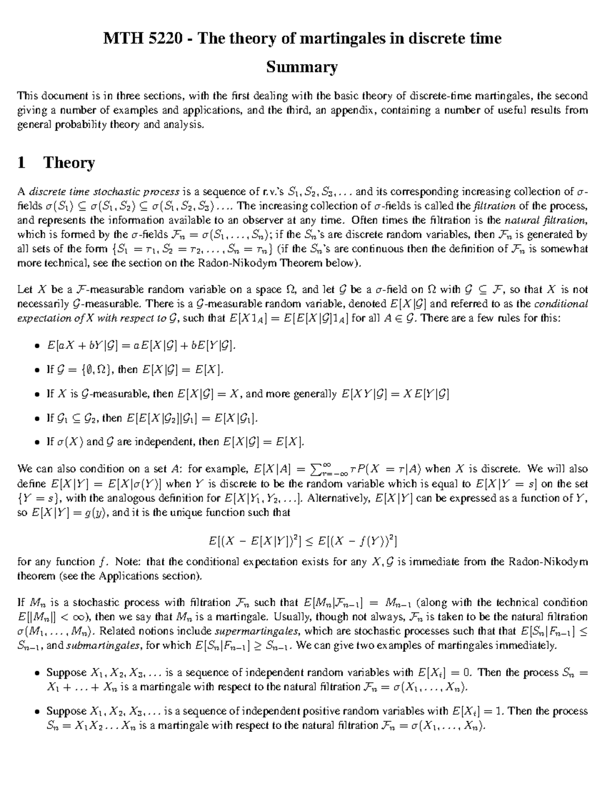 Summary Math 52 The Theory Of Martingales In Discrete Time Studocu