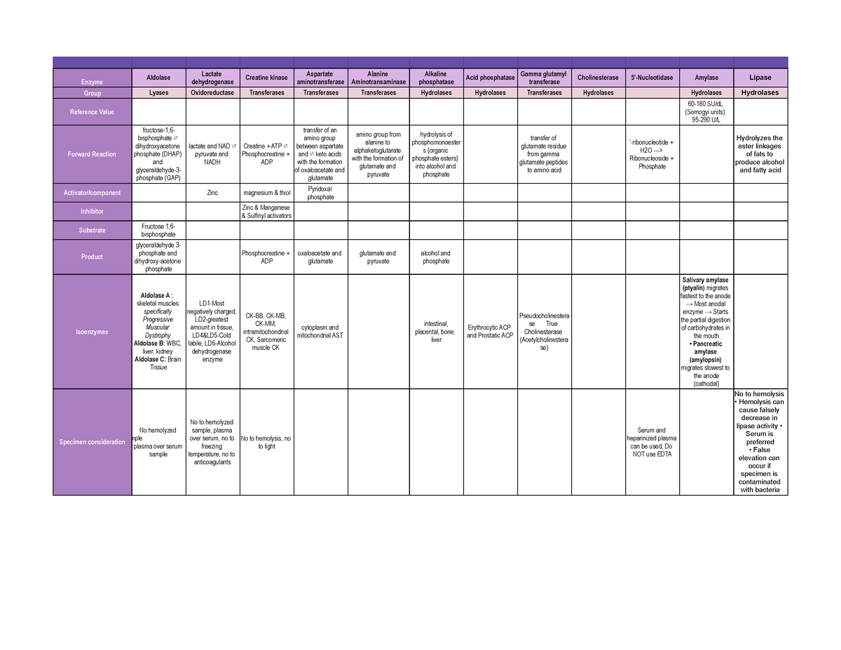 Enzymology - Sheet 1 - ENZYMES - Enzyme Aldolase Lactate dehydrogenase ...