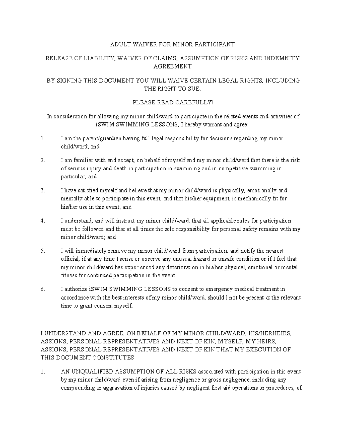 Adult Waiver FOR Minor Participant - ADULT WAIVER FOR MINOR PARTICIPANT