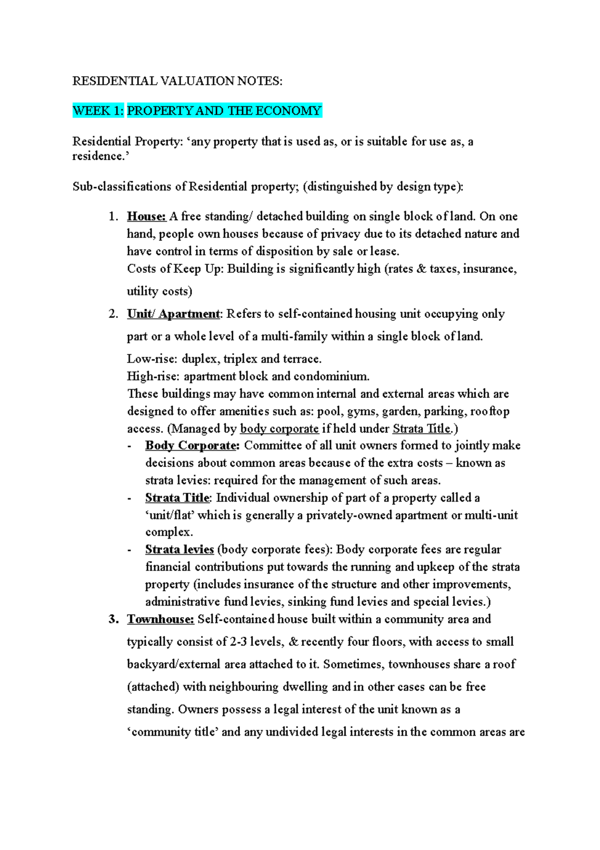 Residential Notes - Mid-term - RESIDENTIAL VALUATION NOTES: WEEK 1 ...