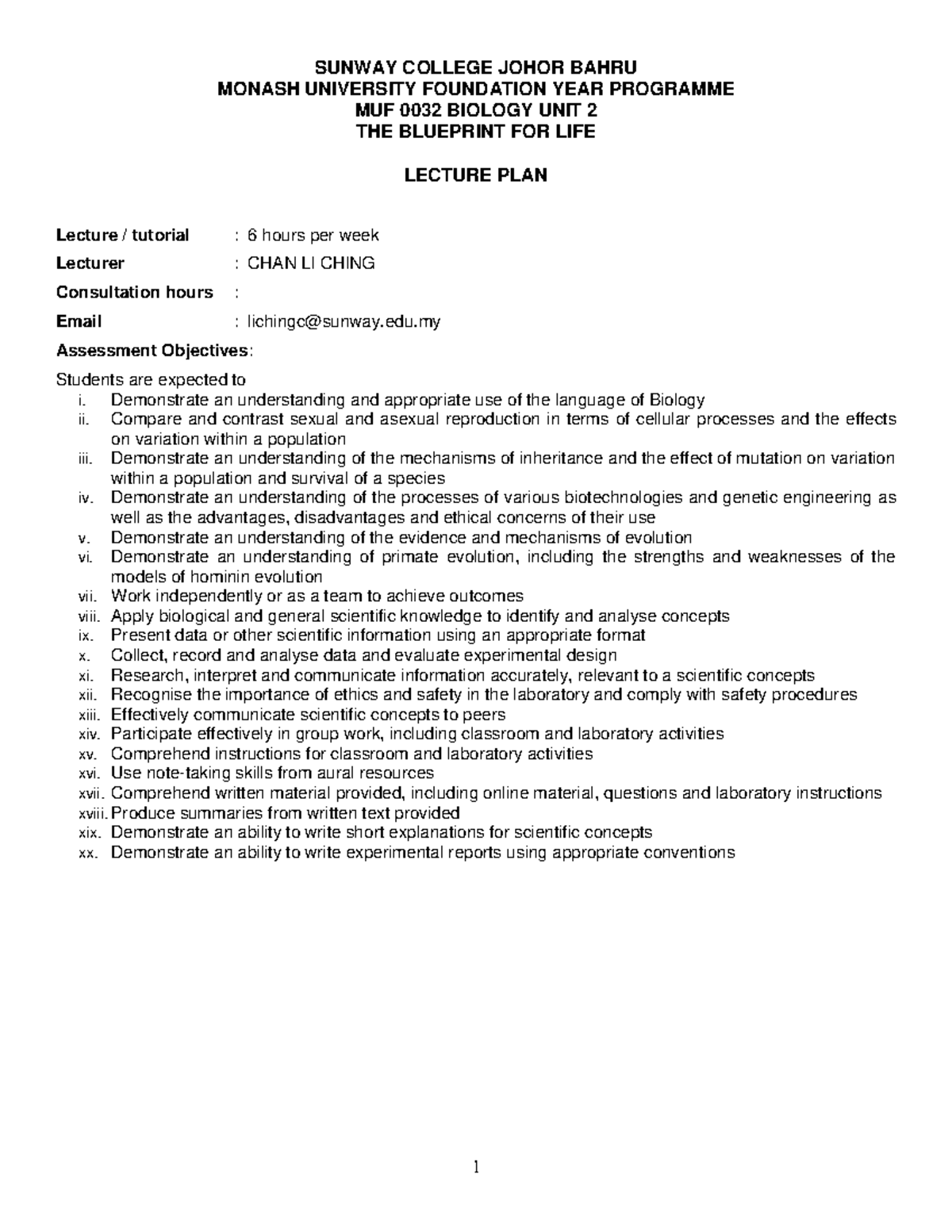 Lecture Plan ( Student) - SUNWAY COLLEGE JOHOR BAHRU MONASH UNIVERSITY ...