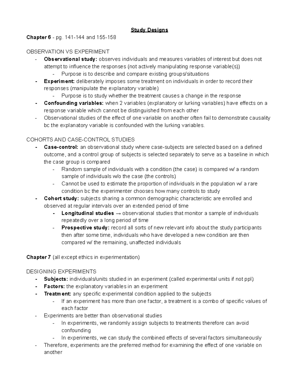 2 - study designs - lec 2 notes - Study Designs Chapter 6 - pg. 141-144 ...