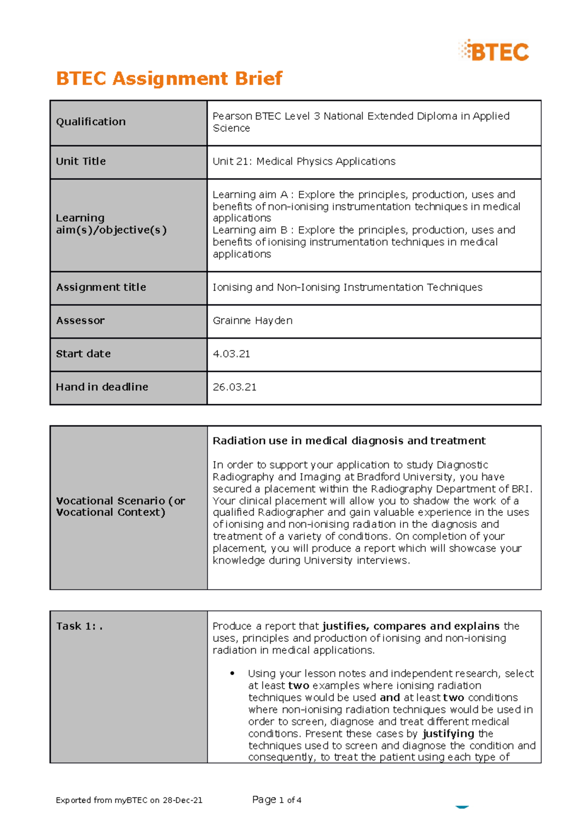 Unit 21 Authorised Assignment Brief Learning Aim A B Triple - BTEC ...