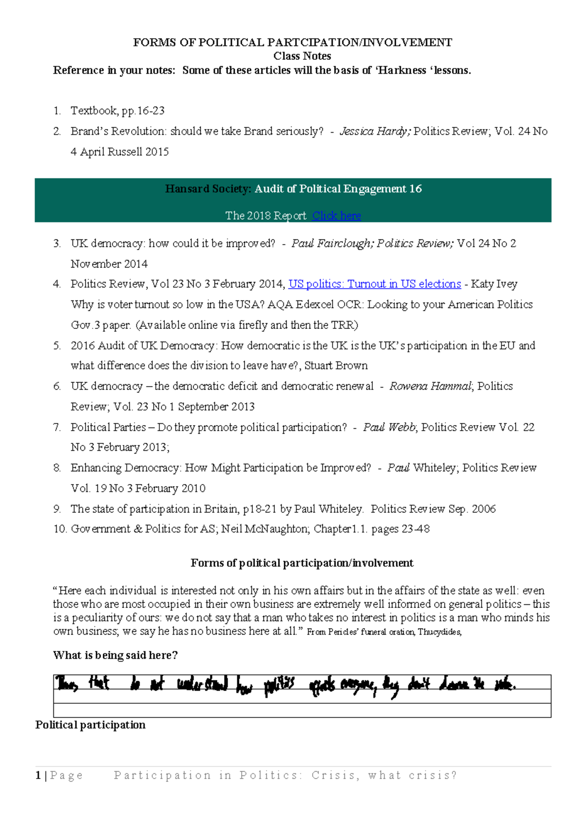 Notes Political Participation - FORMS OF POLITICAL PARTCIPATION ...