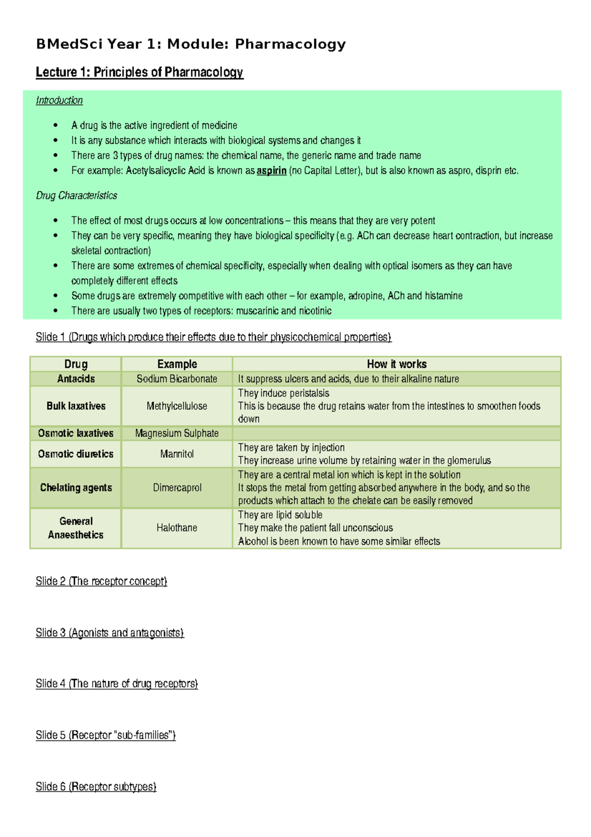 Principles Of Pharmacology - Lecture Notes, Lecture 1 - BMedSci Year 1 ...