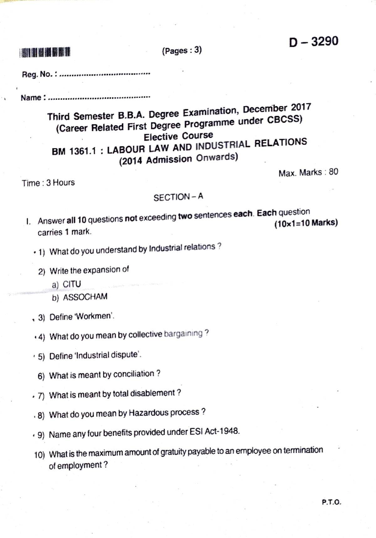 Labour Law and Industrial Relation Previous question paper BM 1361.1 D
