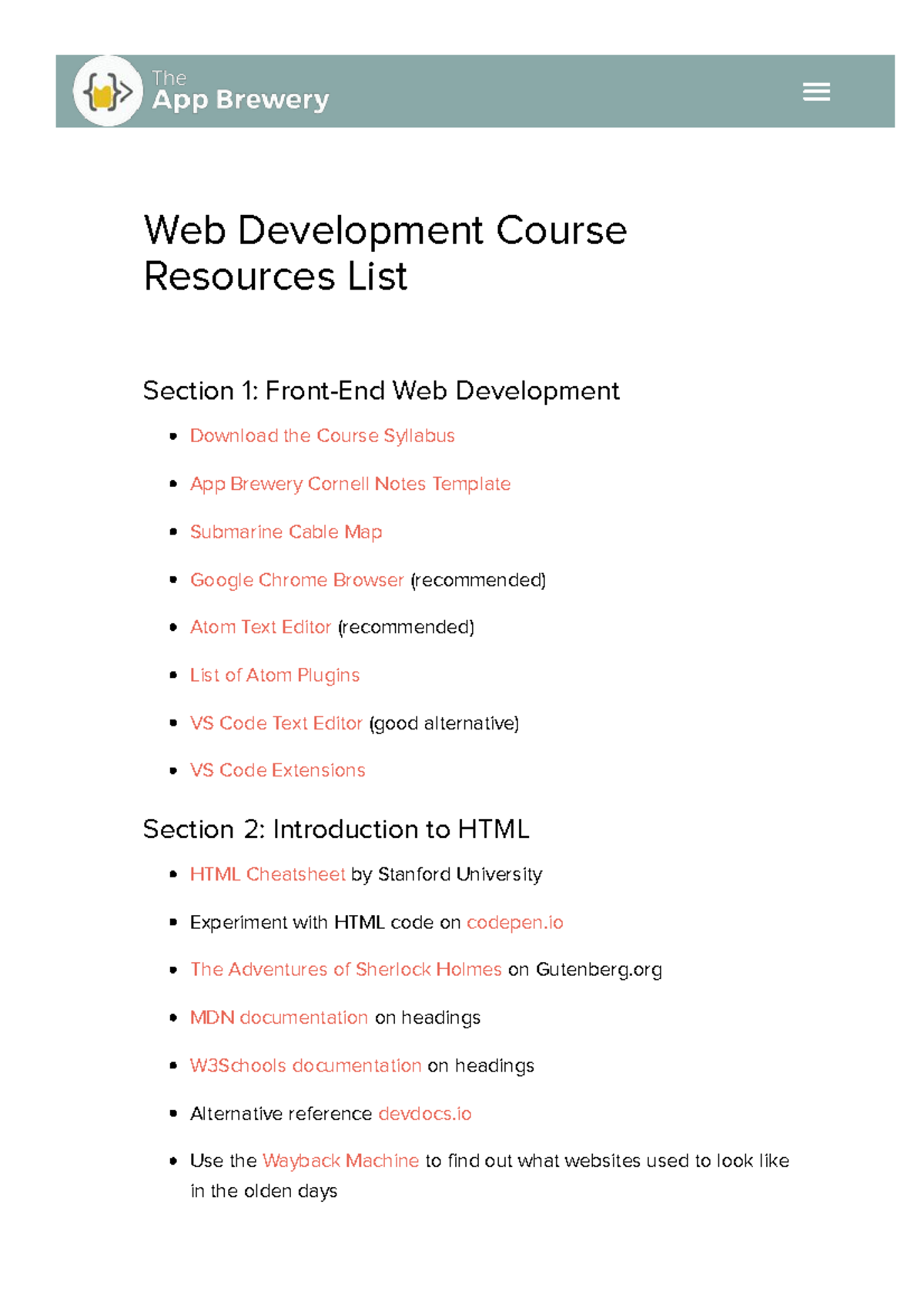 Web Development Course Resources List