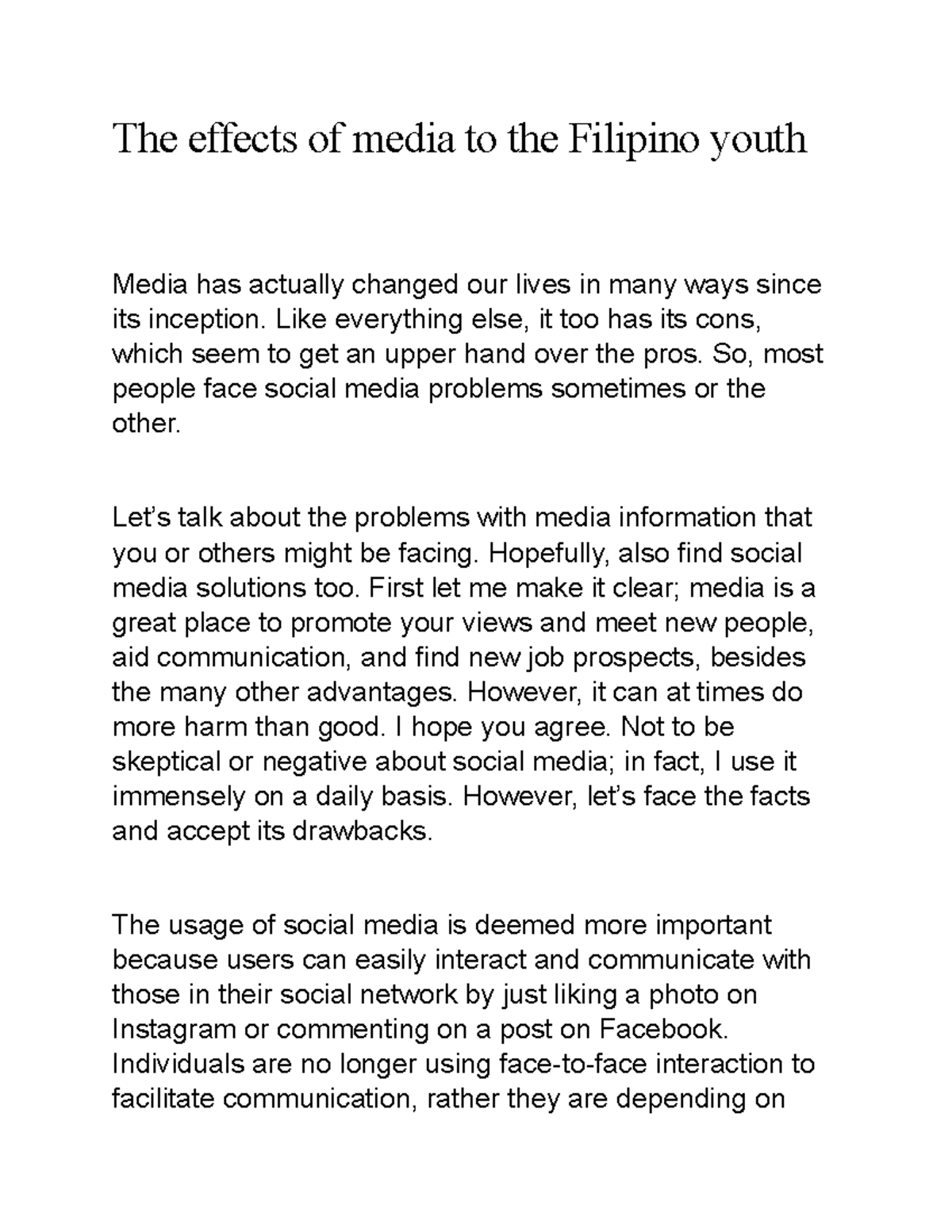 essay about effects of new media to the filipino youth