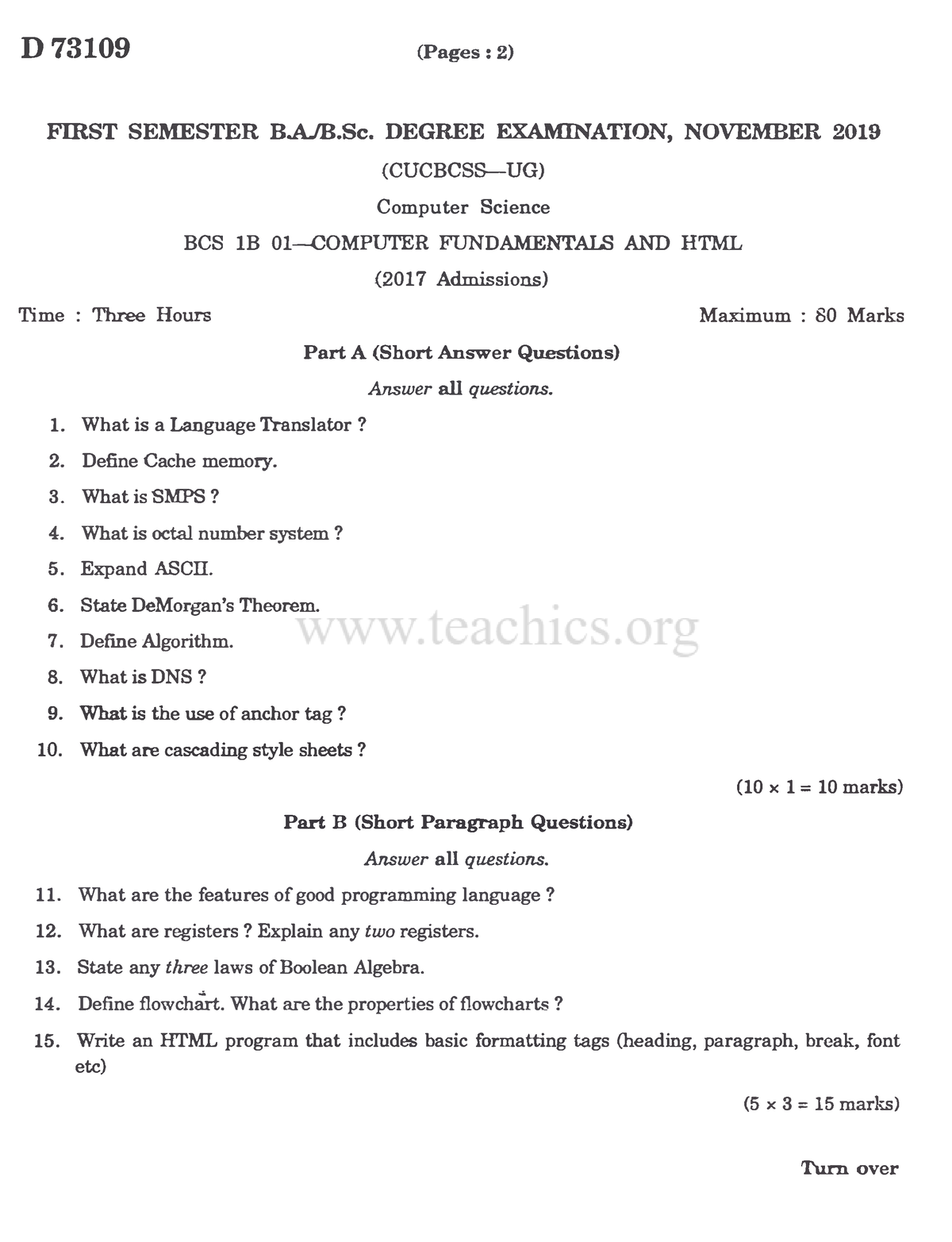 November 2019 - QUESTION PAPER FOR COMPUTER FUNDAMENTALS AND HTML FIRST ...